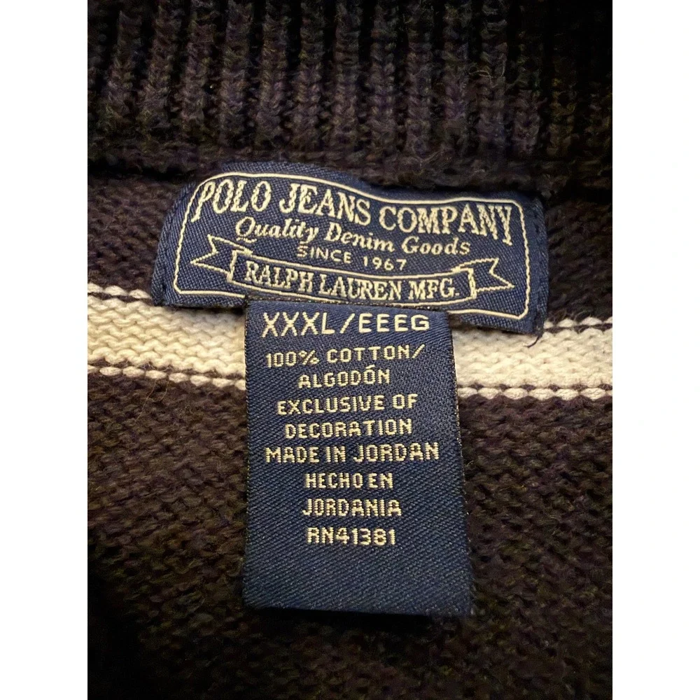 Polo Jeans Co Ralph Lauren Mens 3XL Navy Blue Striped Quarter Zip Sweater y2k